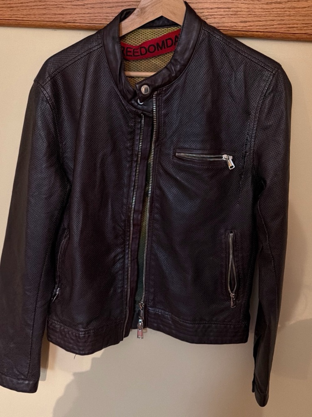 Freedom Day Perforated Dark Brown Leather Bomber Jacket